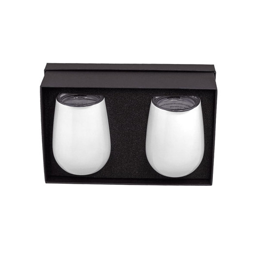 A drink bottle gift set featuring two white insulated cups in a black box with a foam insert.