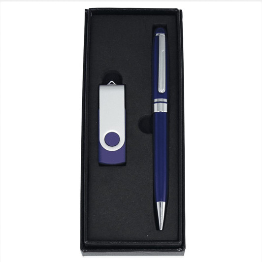 A pen and a purple USB flash drive are elegantly presented in a black gift box. The box features a simple design.