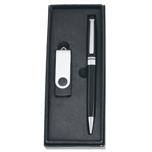 A black pen and a silver USB flash drive in a sleek dark gift box. The flash drive features a logo.