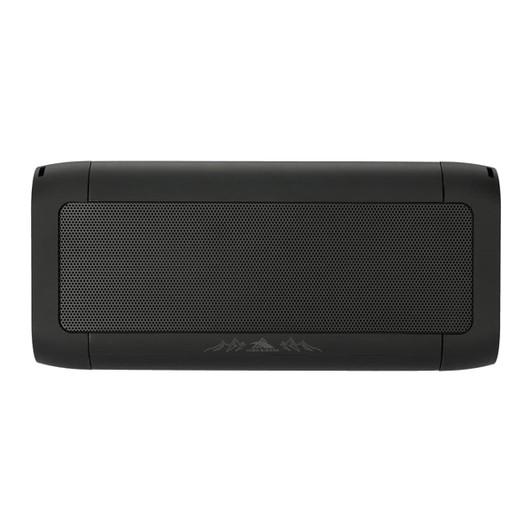 A black speaker and power bank with a textured front and a logo on the side.