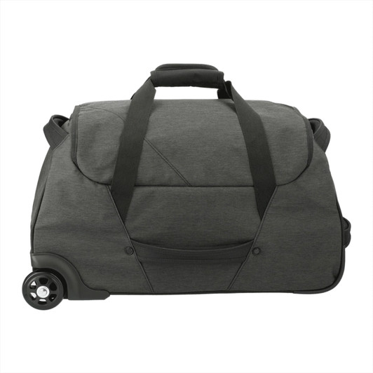 A wheeled duffel bag in grey fabric with dual top handles and a single wheel for mobility.