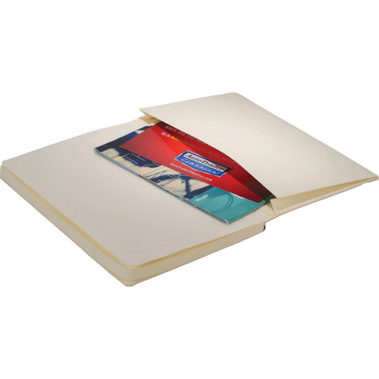 A soft-bound journal with cream pages and a pocket for inserts, featuring a colourful branding logo on the cover.