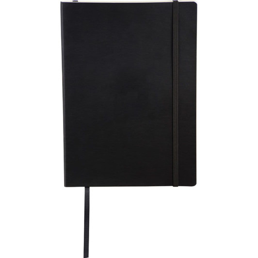 A black bound journal with a sleek design, featuring an elastic band closure and a ribbon bookmark.