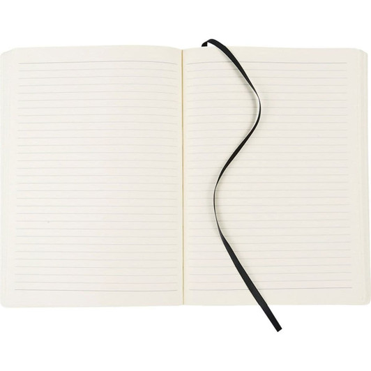 A large bound journal with soft covers, featuring lined pages and a black ribbon marker.