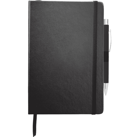 A black journal with a pen, featuring a sleek cover and an elastic band for closure. It has a logo on the front.