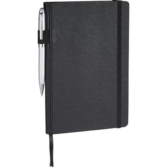 A black journal notebook with a pen, featuring an elastic band and ribbon bookmark. It has a branded logo.