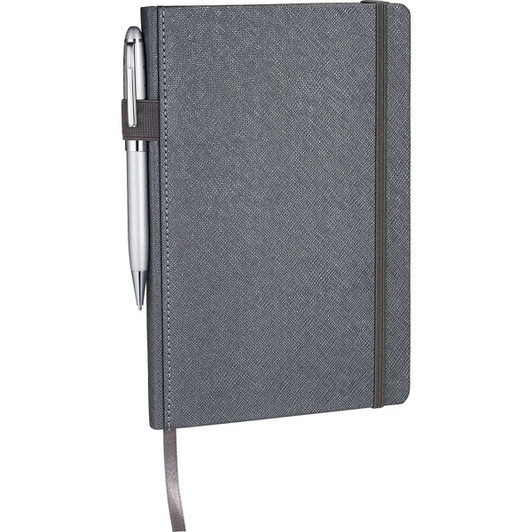 A grey notebook with a textured cover, elastic band, and a pen attached, featuring a ribbon bookmark.