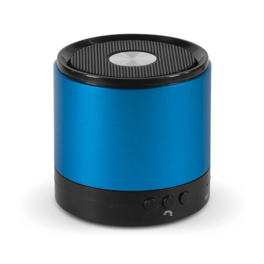 A blue Bluetooth speaker with a black base and a silver mesh top, featuring control buttons on the side.