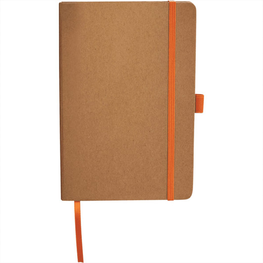 A brown journal with an orange elastic band and ribbon bookmark, featuring a logo on the cover.