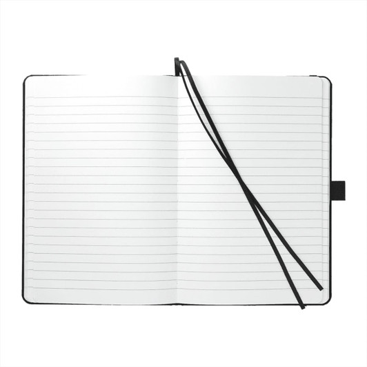 A black recycled marine bound journal with lined pages and a ribbon bookmark, featuring a logo on the cover.