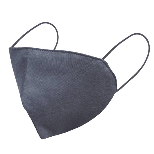 A dark grey face mask with elastic ear straps, designed for personal use. It features a logo on the side.
