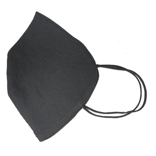 A black face mask with adjustable ear straps, featuring a plain design and a subtle logo.