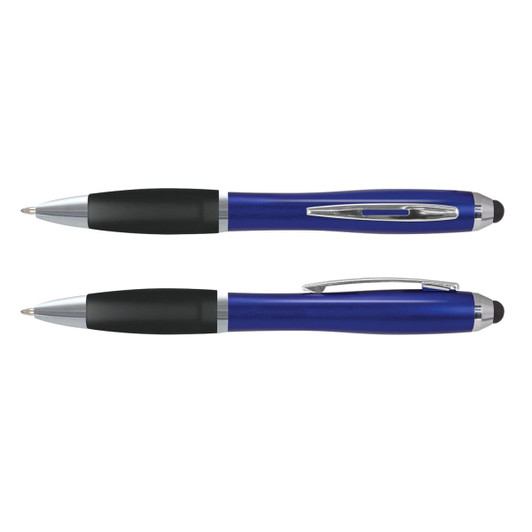 A sleek blue stylus pen featuring a black grip and a silver clip, with a logo on its body.