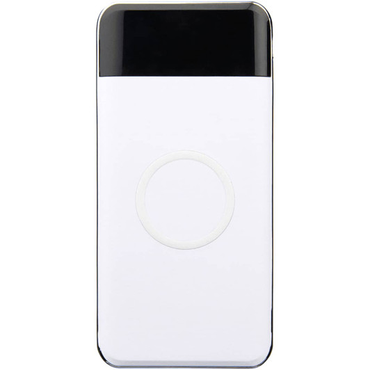 A white wireless power bank with a black top section and a circular charging area, featuring a logo.