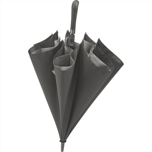 A black expanding auto open umbrella with multiple sections and a curved handle, featuring a logo.