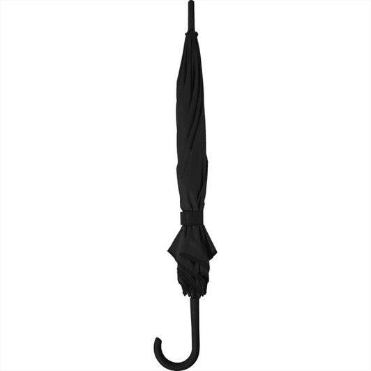 A black auto open umbrella with a curved handle and a compact design, featuring a logo.