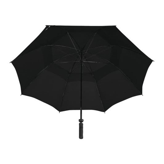 A black vented golf umbrella with a curved handle and multiple segments for extra coverage.