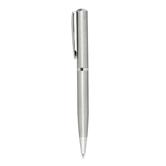 A silver metal ballpoint pen with a sleek design and a clip, featuring a branding logo.