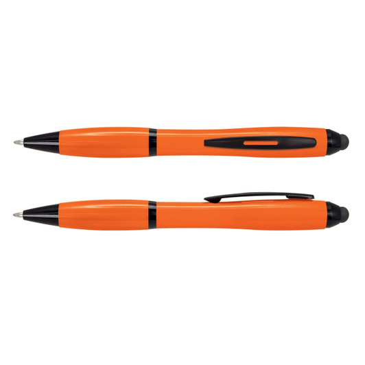 An orange Vistro stylus pen with black accents, featuring both a ballpoint tip and a stylus tip.