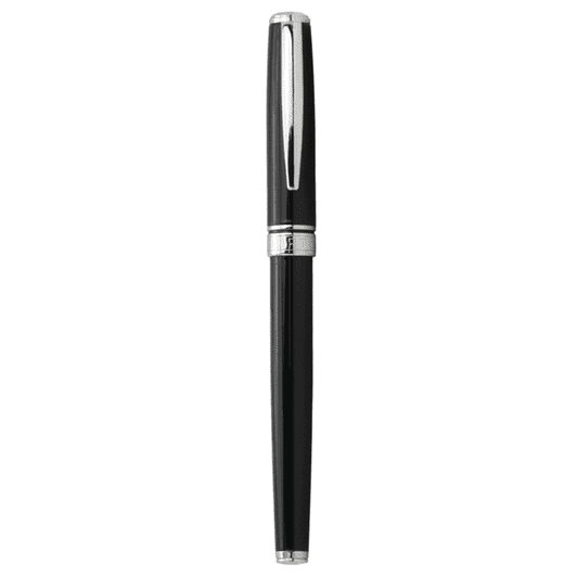 A sleek black metal rollerball pen with silver accents and a branding logo on the body.