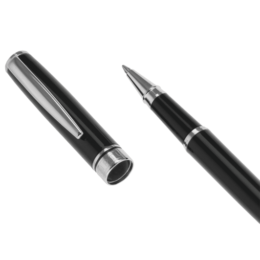 A black metal rollerball pen with a shiny silver clip and accents, featuring a sleek design and branding.