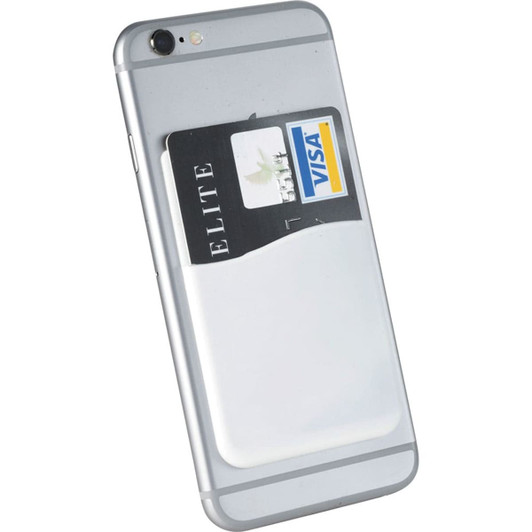 A slim white silicone card wallet attached to a silver smartphone, holding a card. The wallet features a logo.