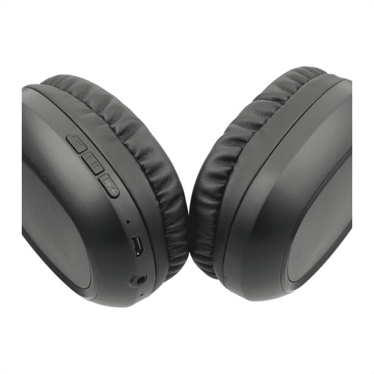 Black Bluetooth headphones with a microphone, featuring control buttons on one side and a charging port.