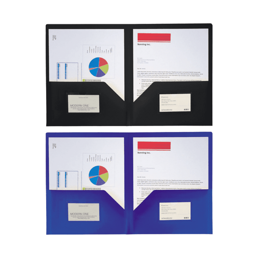 A set of two folders, one black and one blue, each with pockets for documents and business cards.