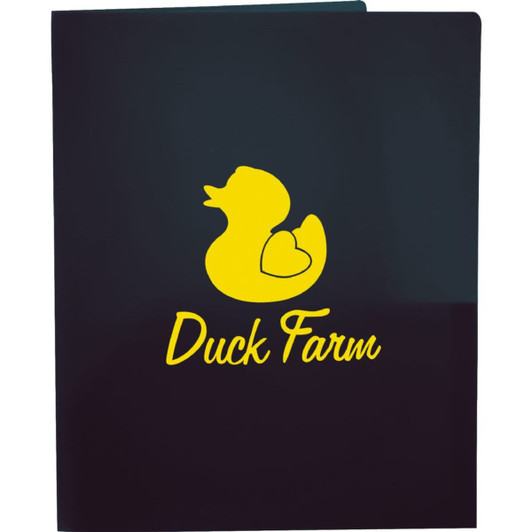 A dark folder featuring a yellow logo of a duck and text that reads "Duck Farm."