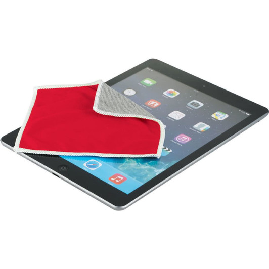 A red and grey cleaning cloth rests on a tablet screen, showcasing the texture and design of the cloth.
