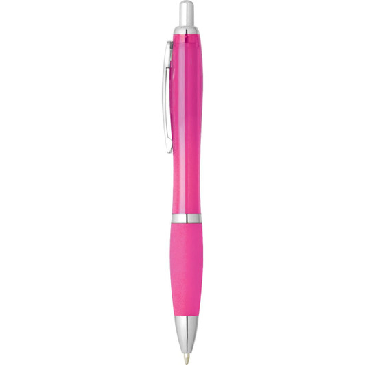 A plastic pen in vibrant pink with silver accents and branding.