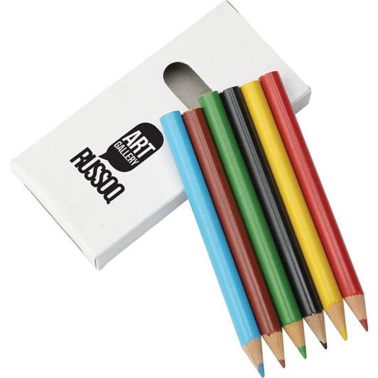 A box containing six coloured pencils: blue, red, green, yellow, black, and brown, with a logo on the packaging.