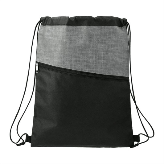 A zippered drawstring bag in black with a grey cross weave design and a front pocket. Features a logo.