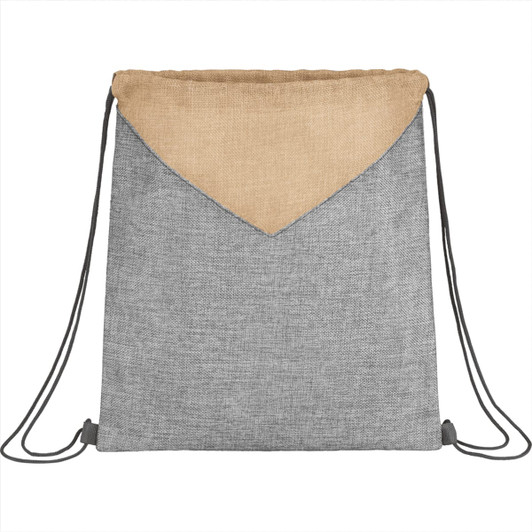 A grey and beige drawstring bag with a textured finish and a logo at the top.