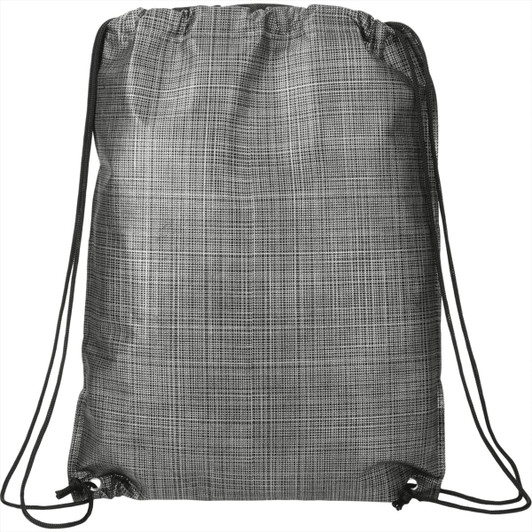 A black and grey crossweave drawstring bag featuring adjustable straps and a subtle textured design.