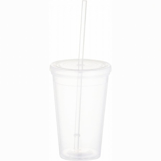A drink bottle featuring a clear plastic tumbler with a lid and straw, designed for beverages.