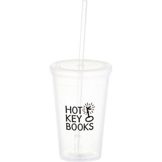 A drink bottle featuring a clear plastic tumbler with a straw and a branding logo.
