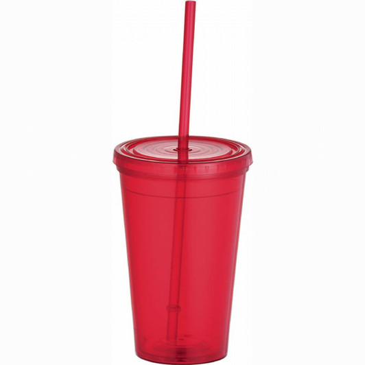 A drink bottle with a red plastic tumbler design, featuring a matching straw and a lid. Includes a logo.