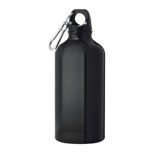 A drink bottle in sleek black aluminium with a carabiner clip and a simple design. It features a logo.