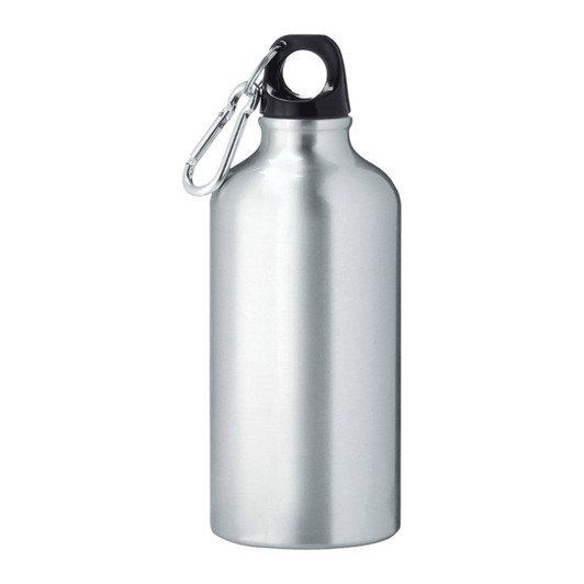 A drink bottle in sleek silver aluminium with a black cap and a detachable carabiner for convenience.