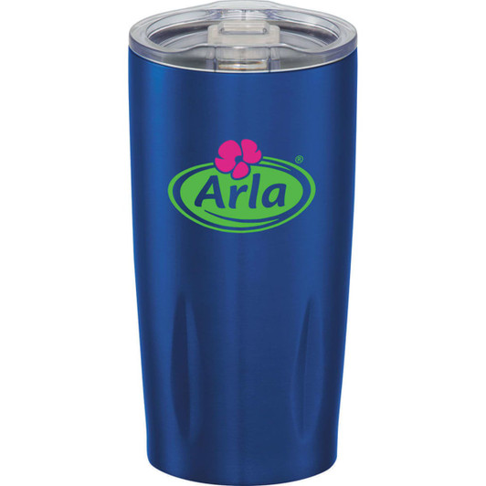 A drink bottle in blue featuring a clear lid and a logo, suitable for hot or cold beverages.
