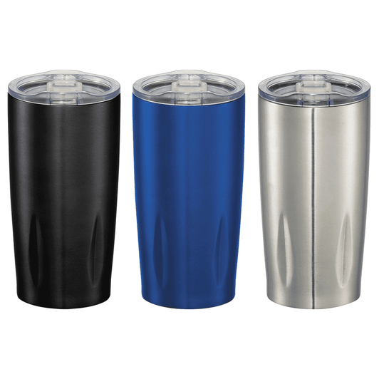 A drink bottle featuring a set of three Rocky 590ml vacuum tumblers in black, blue, and silver, each with a lid.