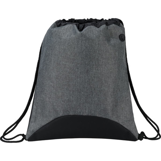 A grey drawstring sportspack with a black base, featuring a cord for closing and an emblem.