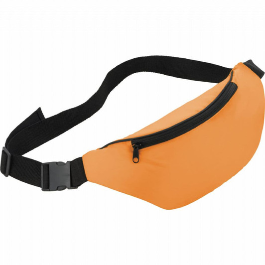 An orange bum bag with a black adjustable strap and a front zip pocket, featuring a logo.