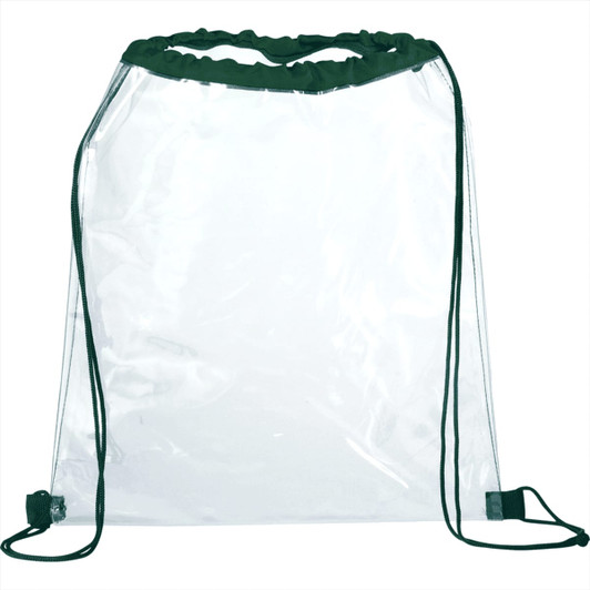 A clear drawstring sportspack with green drawstrings, featuring a simple design and no visible branding.