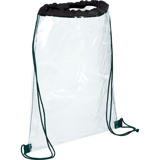 A clear drawstring sportspack with a black trim and green cords. It features a logo on the front.