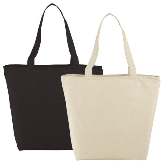 A black and a natural cream tote bag with sturdy handles and a zippered closure, featuring a logo.