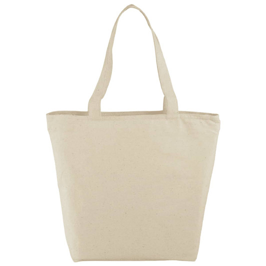 A cream-coloured zippered tote bag with two handles and a simple design, featuring branding.