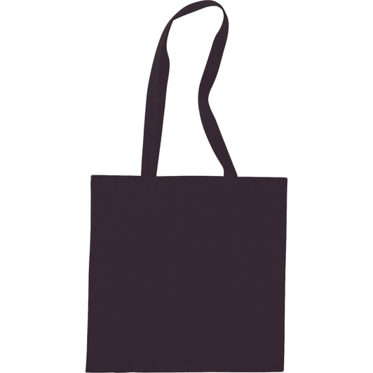 A black tote bag with two long handles and a simple, plain design. It features a branding logo.