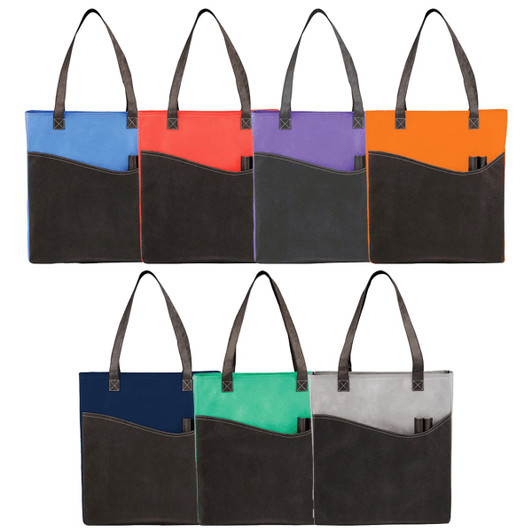 A collection of non-woven tote bags in various colours, featuring a contrasting pocket and handles, with branding displayed.